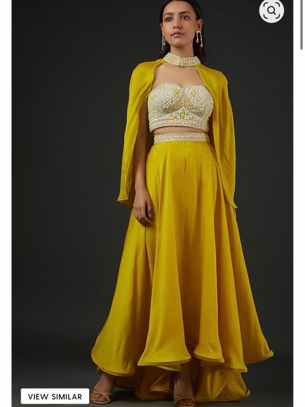 Indian Yellow satin embroidered high low cape lengha set